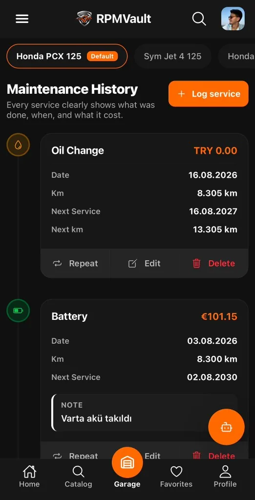 RPMVault motorcycle garage app showing service history on a phone