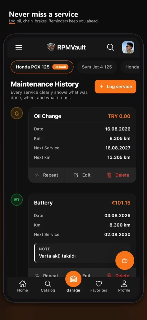 RPMVault maintenance history with service logs on a phone