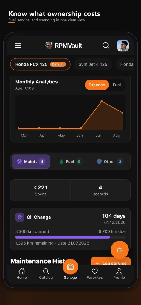 RPMVault mobile monthly analytics with expense chart, category filters, and maintenance progress