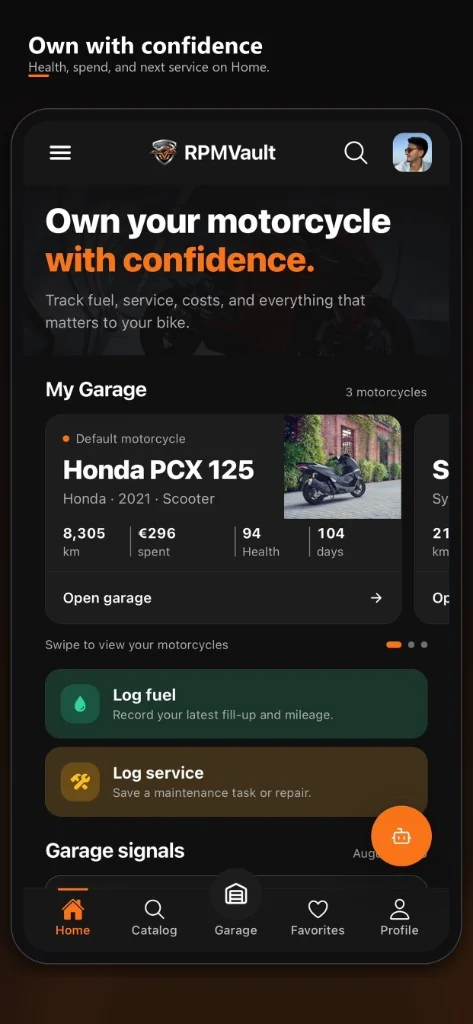 RPMVault garage on a phone, with the bikes you own