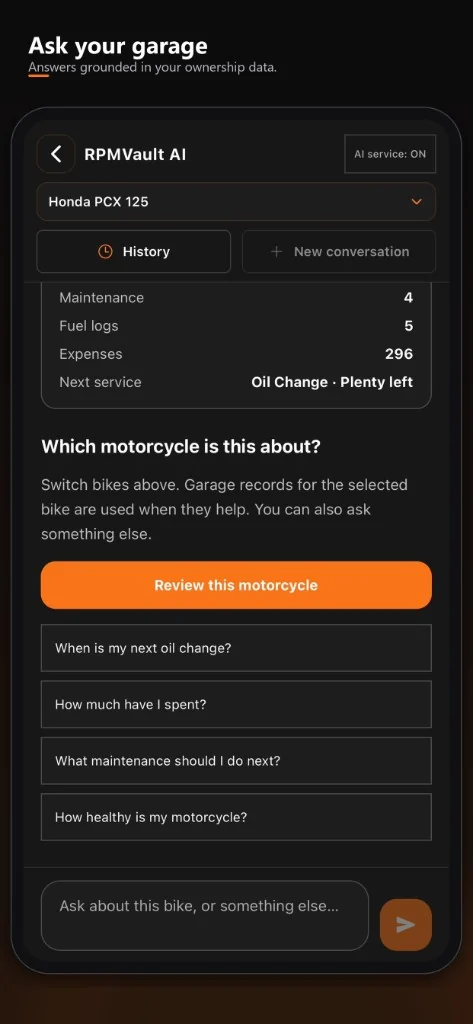 Illustrative Ask My Garage input. Not a live assistant.