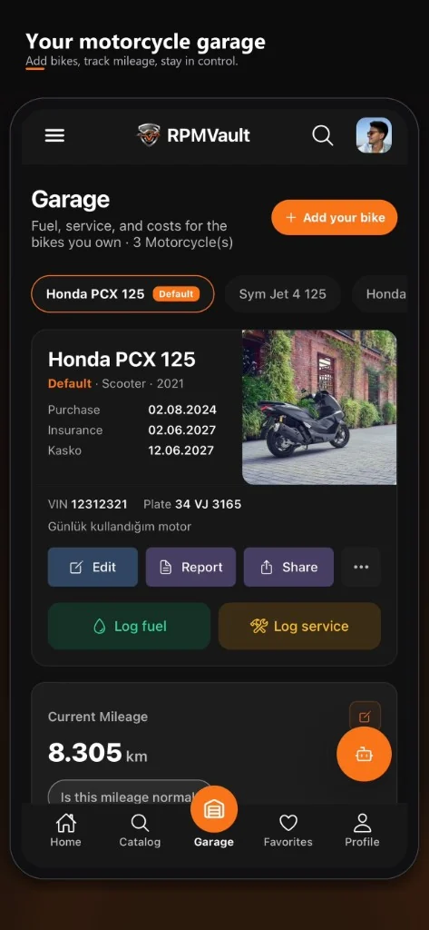 RPMVault motorcycle garage app on a phone, with the bikes you own