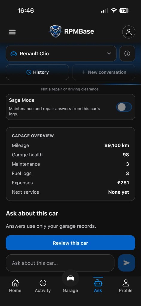 RPMBase Ask screen for the garage