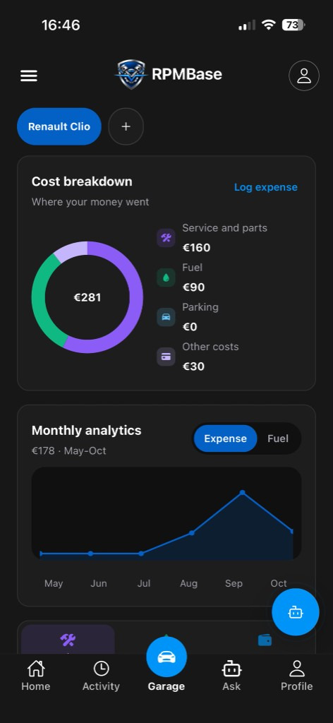 RPMBase fuel and expense tracking screen