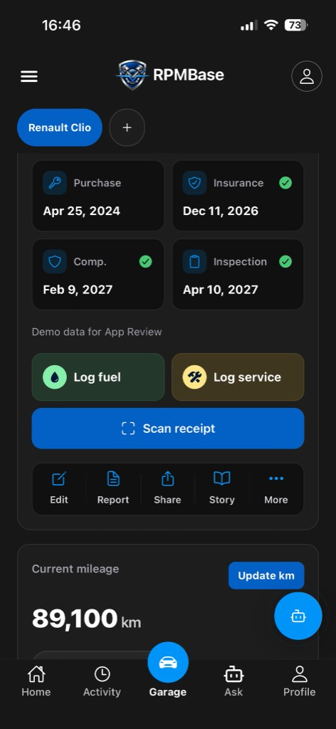 RPMBase documents screen for the car you own