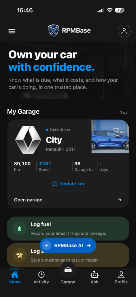 RPMBase home screen for the car in the garage