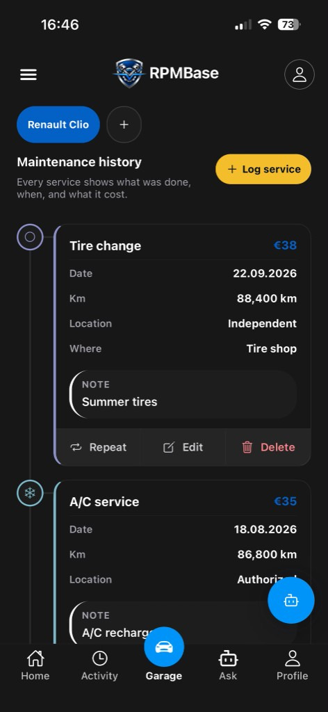 RPMBase car maintenance and service history screen